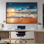 Golden Sunset Beach Triptych Canvas Art, Giclee Coastal Wall Decor, Ocean Waves Print
