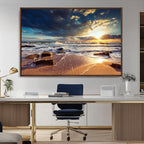 Golden Hour Beach Sunset Canvas Triptych, Ocean Waves and Rocks Wall Art