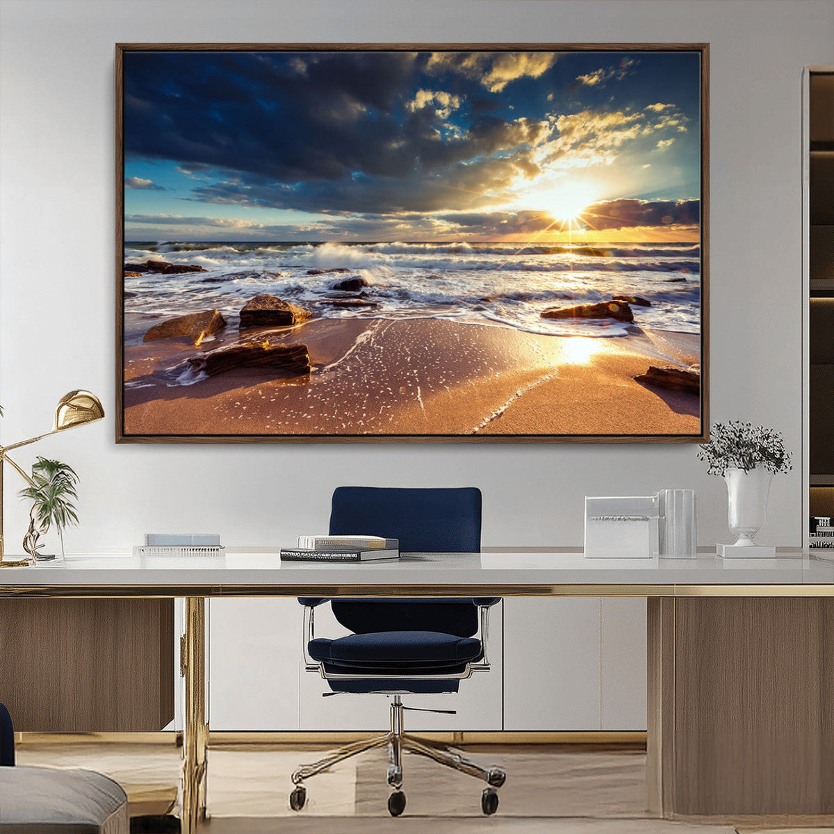 Golden Hour Beach Sunset Canvas Triptych, Ocean Waves and Rocks Wall Art