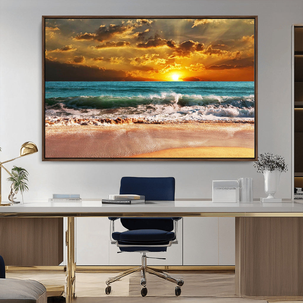 Golden Sunset Beach Canvas Wall Art | Triptych Seascape Print, Framed and Ready to Hang