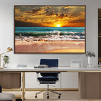 Golden Sunset Beach Canvas Wall Art | Triptych Seascape Print, Framed and Ready to Hang