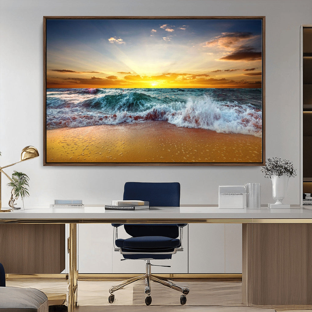 Golden Sunset Ocean Waves Wall Art Canvas Print | Multi Panel Beach Canvas Set, Coastal Triptych