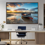 Small Boat At The Beach Sunset Wall Art, Boat Sunset Wall Art Canvas Print