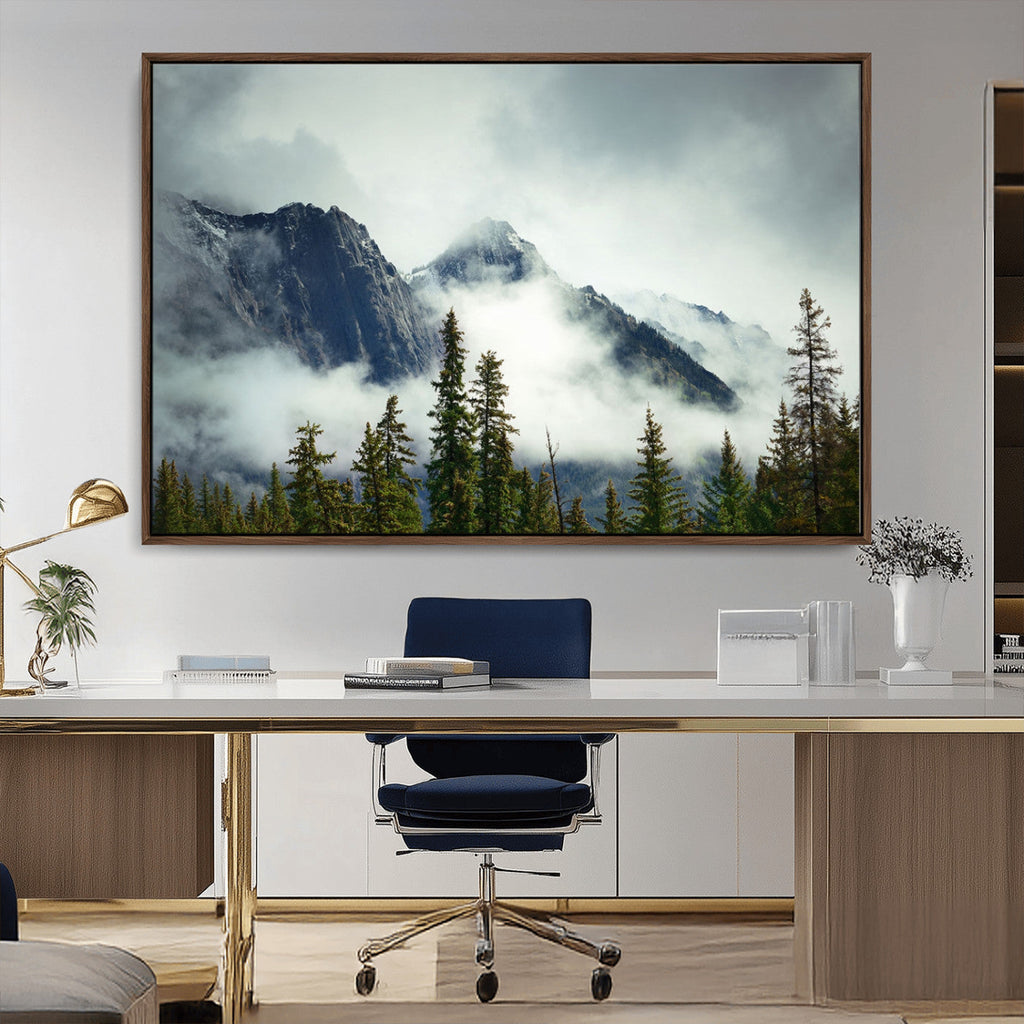 Mountain Mist Canvas Wall Art Print | 3-Panel Foggy Forest and Mountain Landscape