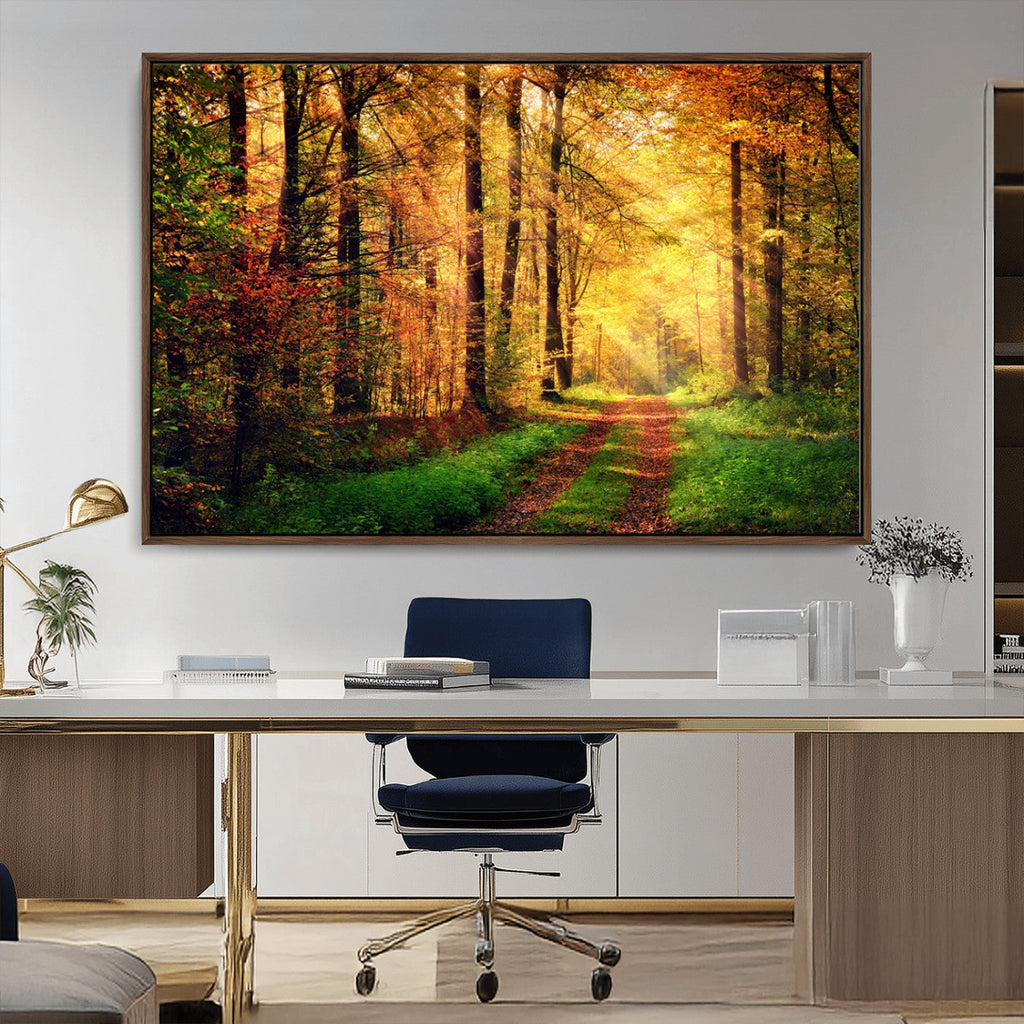 Sunlight Through Trees Wall Art Canvas Print | Autumn Forest Wall Art