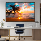 Palm Tree Sunset On The Beach Wall Art Canvas, Framed Palm Tree Sunset Canvas Print