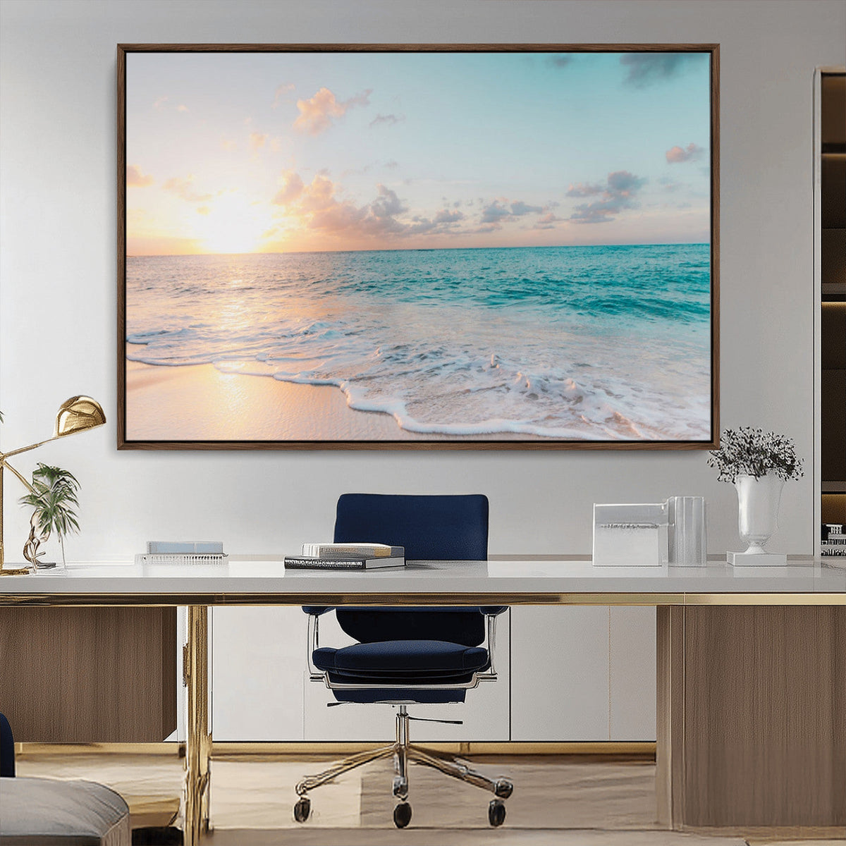 Tranquil Ocean Beach Sunset Canvas Wall Art | 3-Panel Coastal Decor