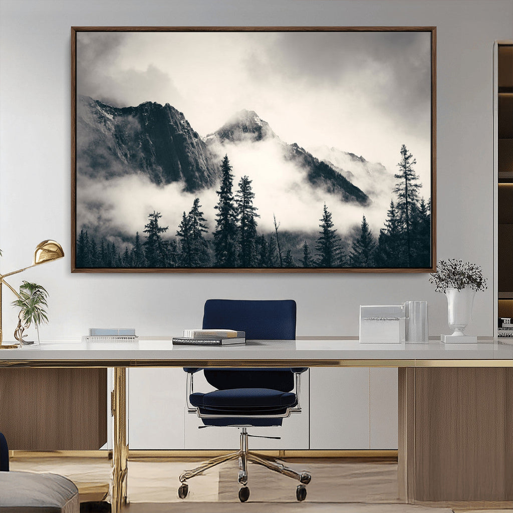 Forest Mountain Print | Black and White Canvas Wall Art with Misty Forest Design