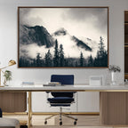 Forest Mountain Print | Black and White Canvas Wall Art with Misty Forest Design