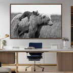 Bear and Cub Wall Art Canvas | Grizzly 399 Bear and Cub Black and White Wildlife Print