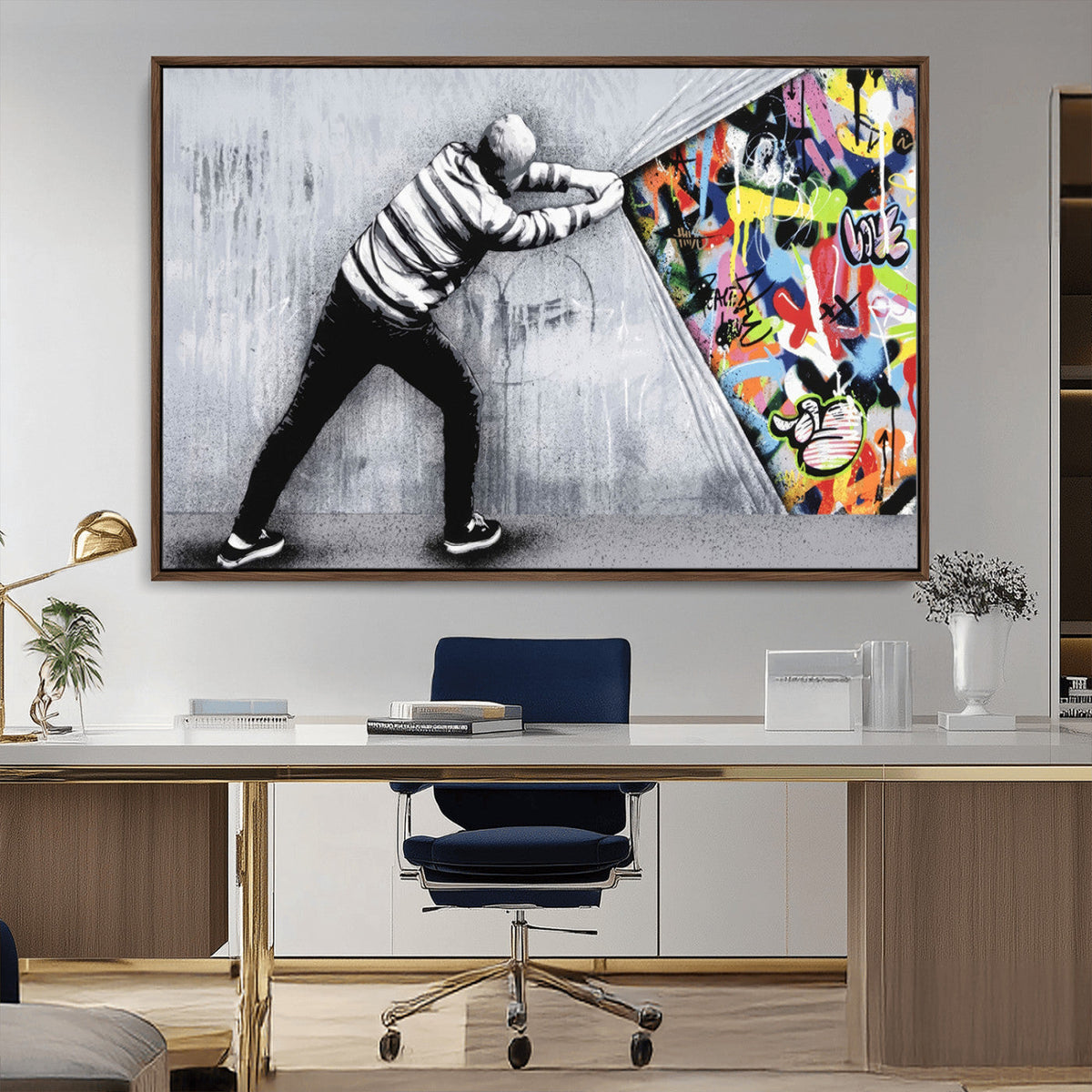 Banksy Art Behind the Curtain Street Wall Art Canvas Print | Urban Graffiti Style Wall Decor