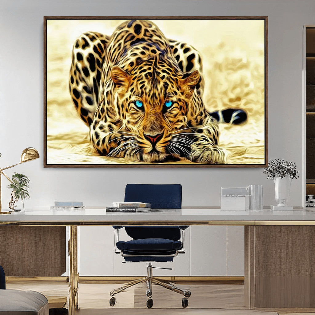 Blue-Eyed Leopard Canvas Wall Art, Framed Animal Print, Fierce and Bold Decor for Living Rooms