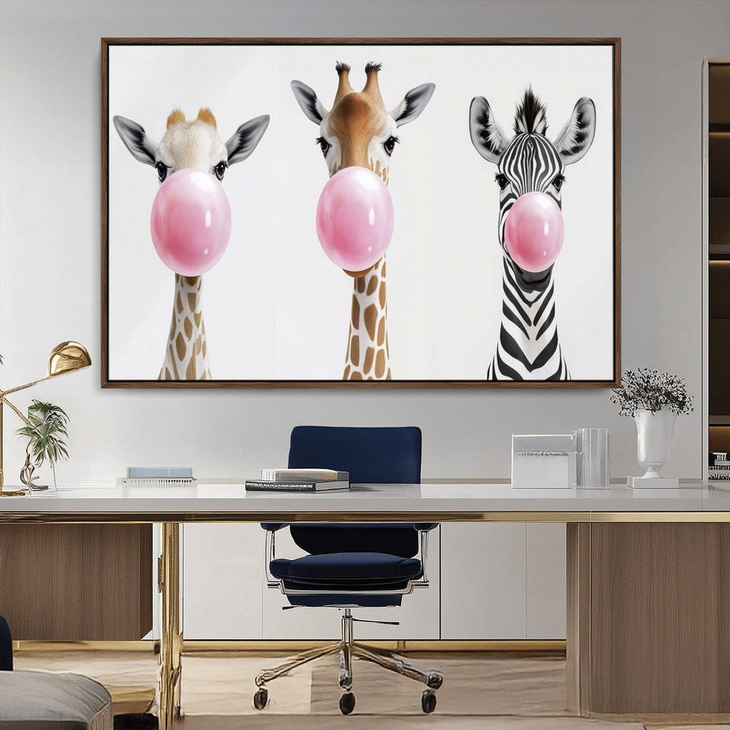 Bubblegum Animals Canvas Wall Art, Playful Giraffe and Zebra Trio, Whimsical Nursery and Kids Room Decor