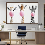 Bubblegum Animals Canvas Wall Art, Playful Giraffe and Zebra Trio, Whimsical Nursery and Kids Room Decor