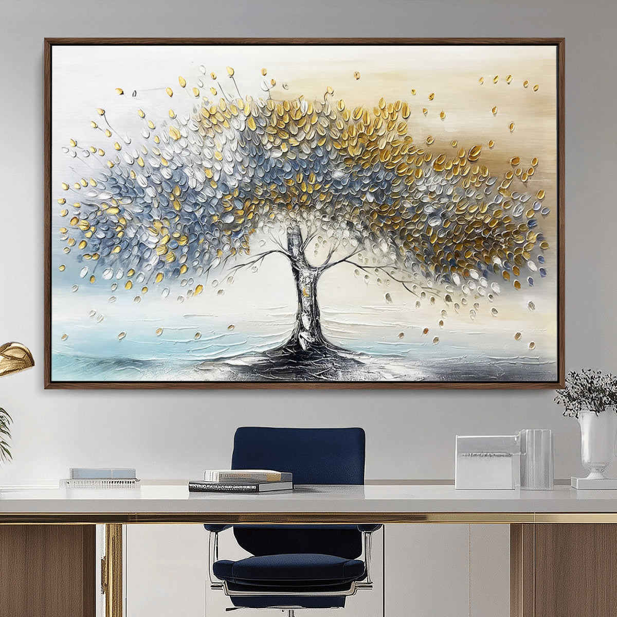 Golden and Silver Tree Wall Art | Framed Elegant Leaves Canvas