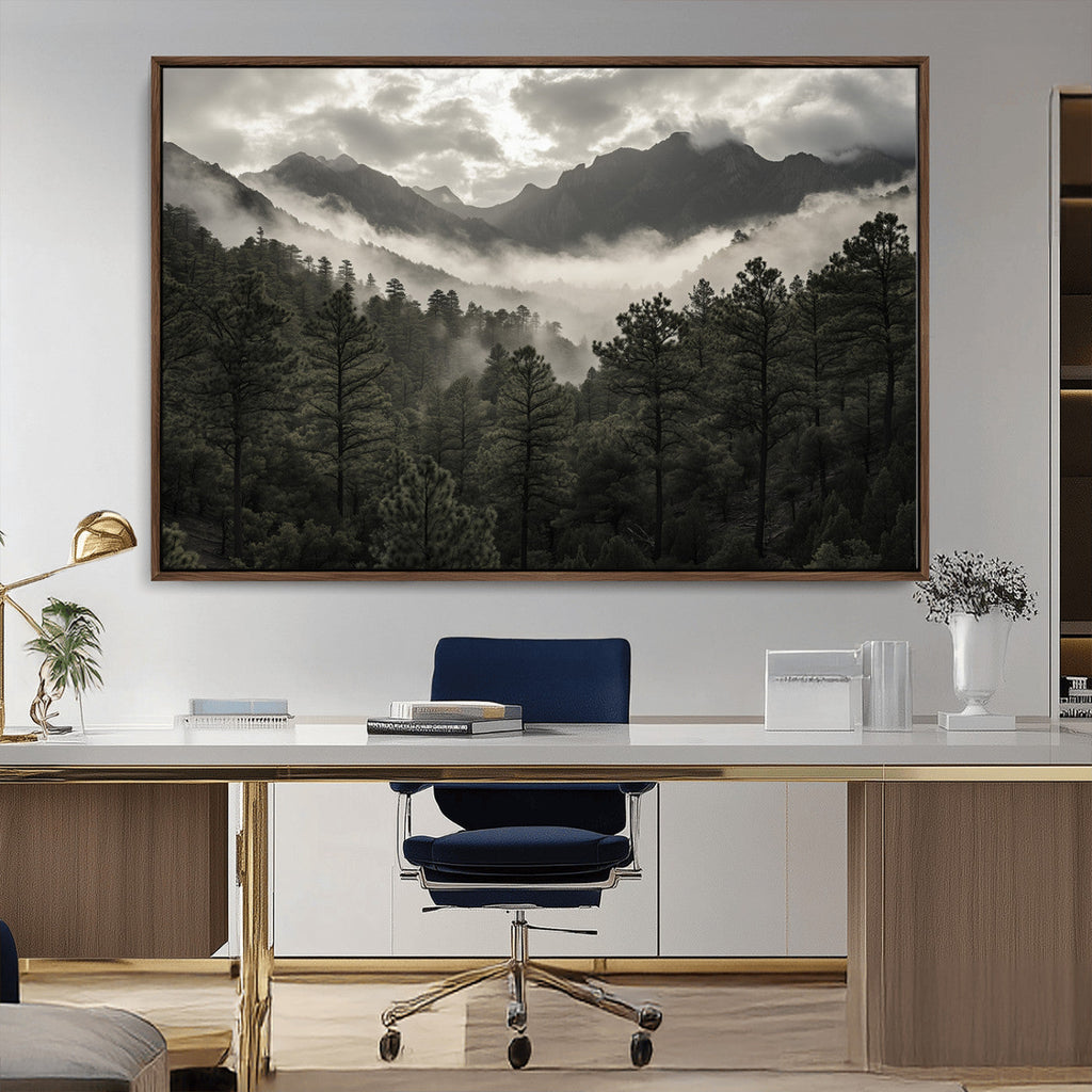 Moody Forest Wall Art | Framed Mountain Fog Canvas Artwork