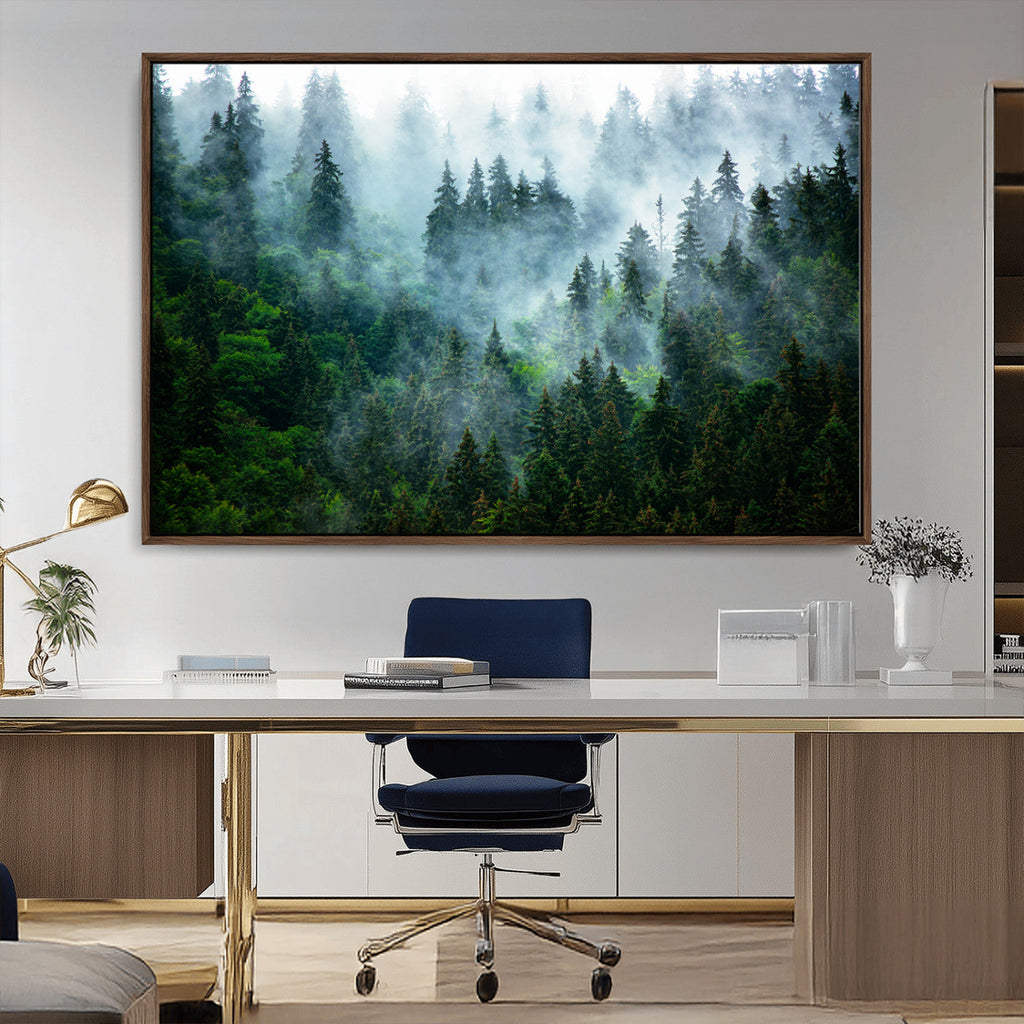 Misty Forest Wall Art Canvas Print, Framed Foggy Mountain Art, Large Scenic Woodland Canvas