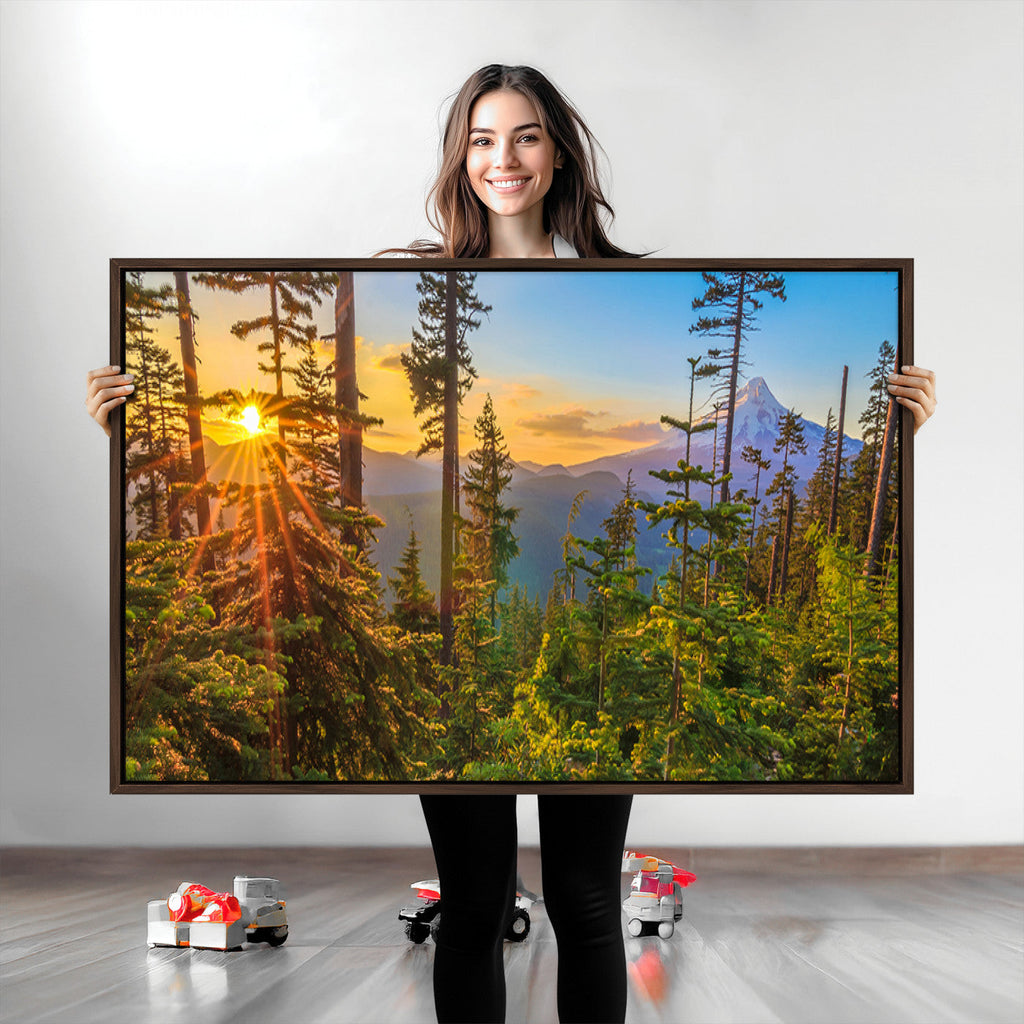 Forest Sunset Wall Art Canvas Print | Green Pines in Golden Light