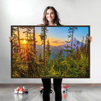 Forest Sunset Wall Art Canvas Print | Green Pines in Golden Light