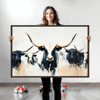 Texas Longhorn Wall Art Canvas Print | Majestic Horned Bull in Black and White