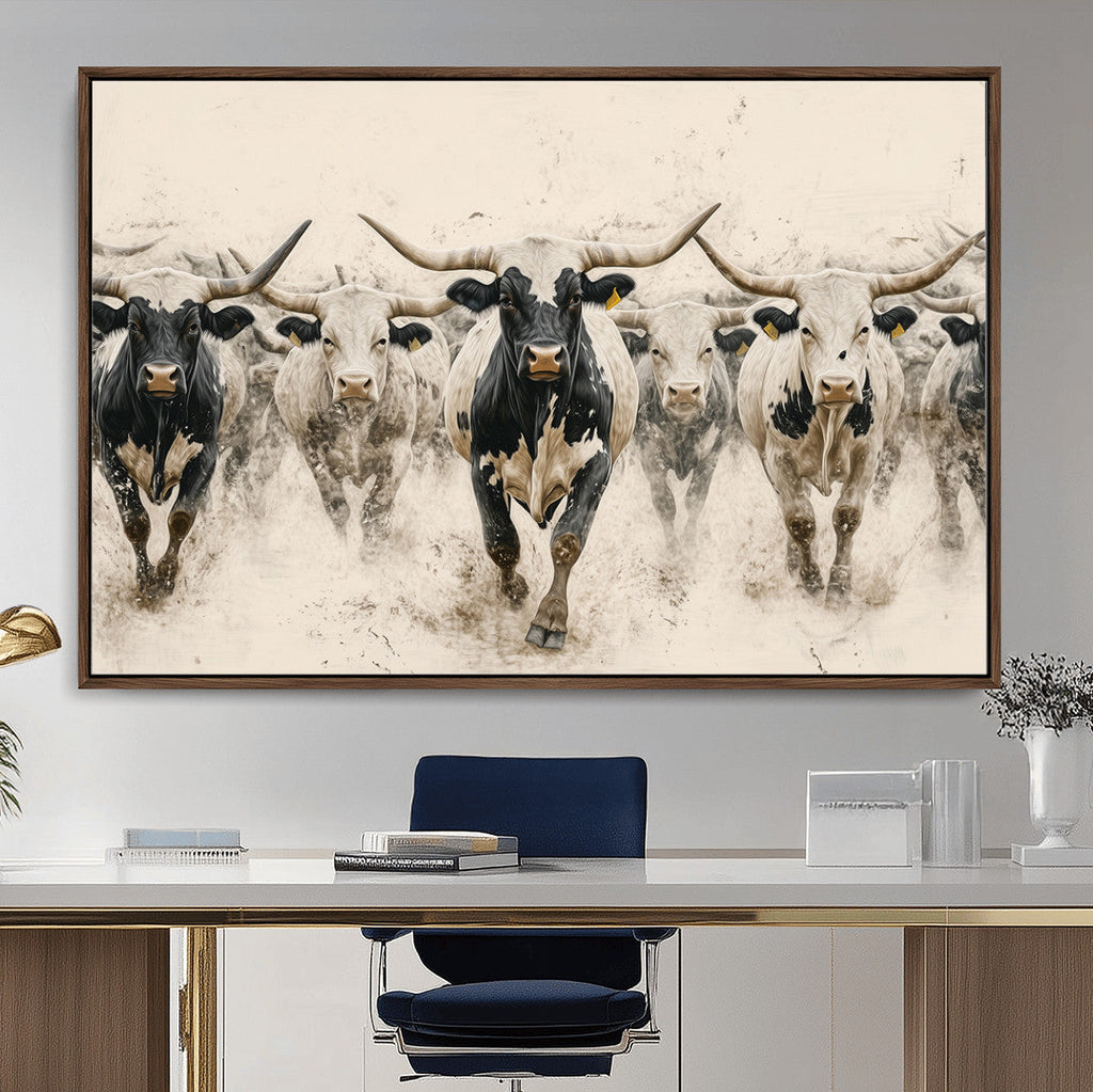 Texas Longhorn Wall Art | Framed Cattle Walking Canvas