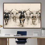 Texas Longhorn Wall Art | Framed Cattle Walking Canvas