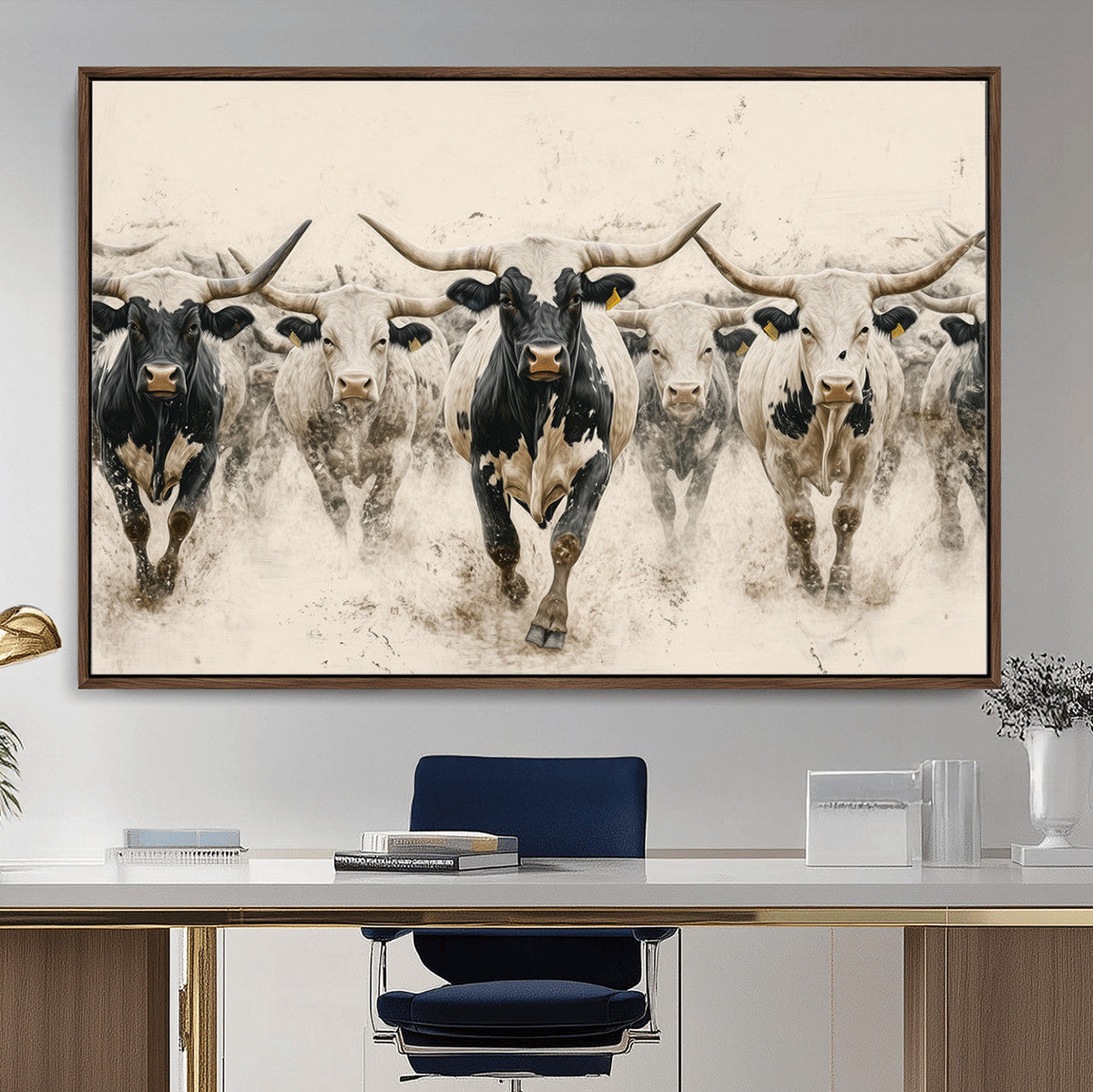 Texas Longhorn Wall Art | Framed Cattle Walking Canvas