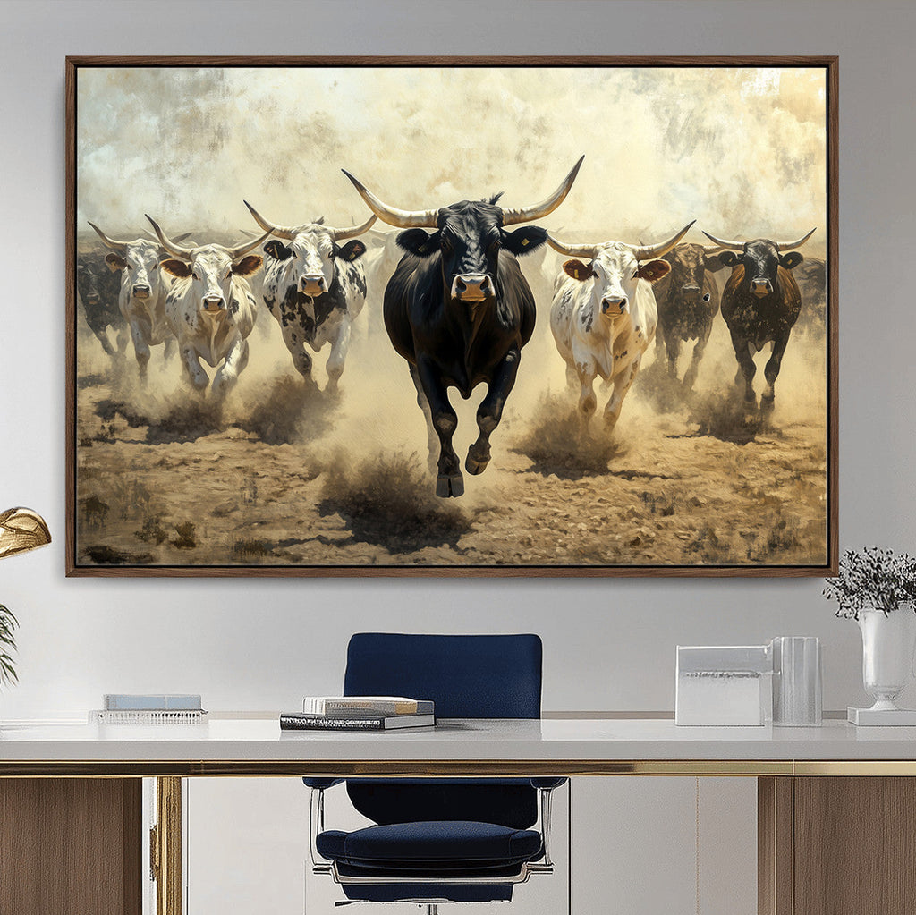 Texas Longhorn Wall Art | Framed Charging Cattle Canvas