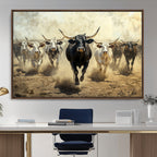 Texas Longhorn Wall Art | Framed Charging Cattle Canvas