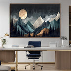 Moonlit Mountain Wall Art Canvas Print, Framed Silhouetted Pines Art, Layered Peaks Rustic Decor