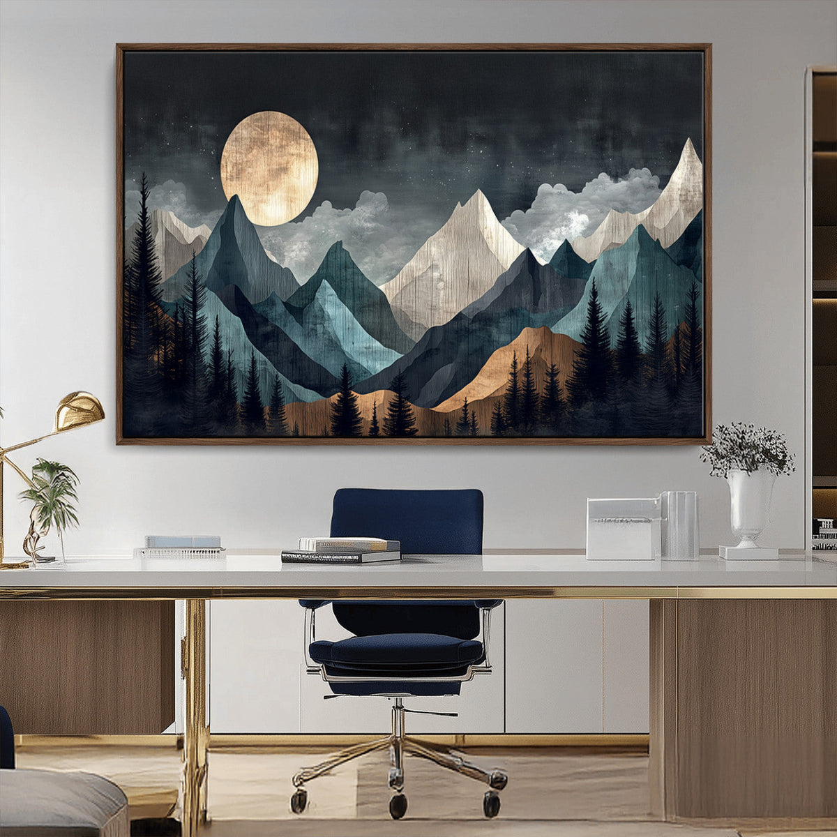 Moonlit Mountain Wall Art Canvas Print, Framed Silhouetted Pines Art, Layered Peaks Rustic Decor