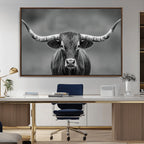 Texas Longhorn Wall Art Canvas Print, Framed Western Bull Photography, Rustic Log Cabin Decor