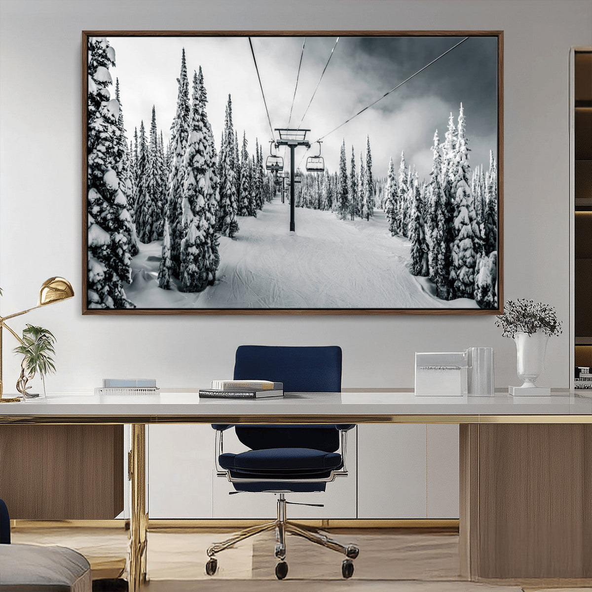Snowy Pines Wall Art Canvas Print | Ski Lift in a Winter Forest