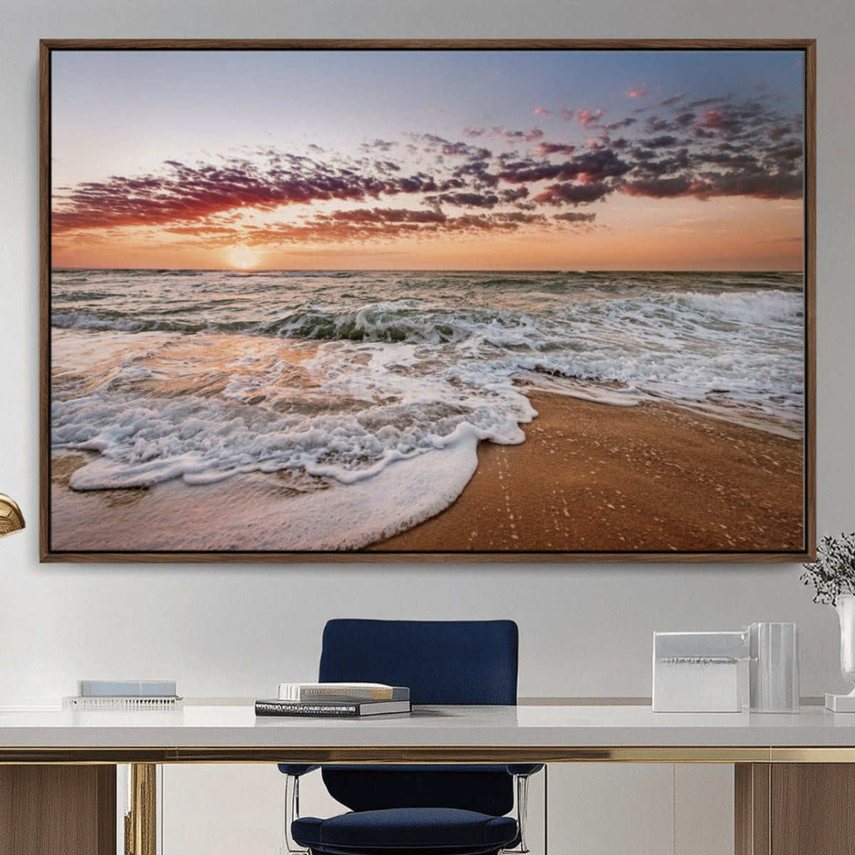 Ocean Sunset Wall Art Canvas Print | Sandy Shore and Gentle Waves
