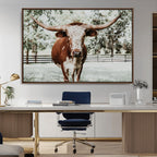 Texas Longhorn Wall Art Canvas Print | Framed Spotted Brown and White Bull