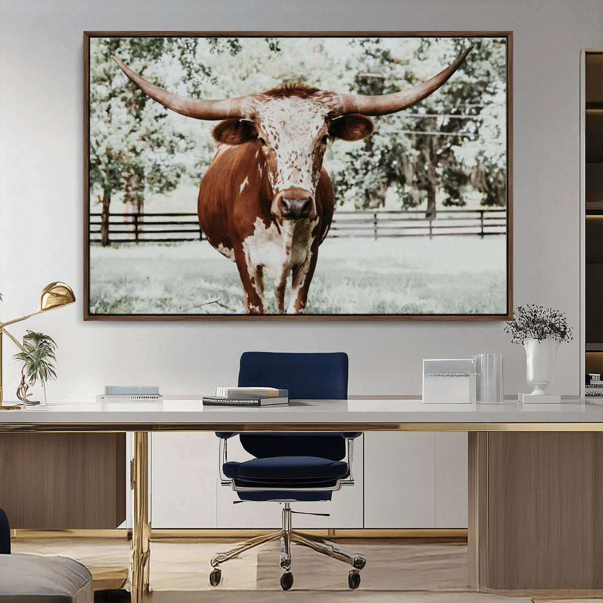 Texas Longhorn Wall Art Canvas Print | Framed Spotted Brown and White Bull