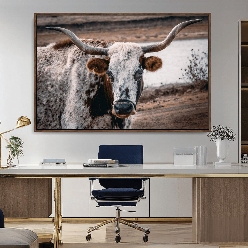 Texas Longhorn Wall Art Canvas Print | Framed Brown and White Spotted Longhorn