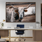 Texas Longhorn Wall Art Canvas Print | Framed Brown and White Spotted Longhorn