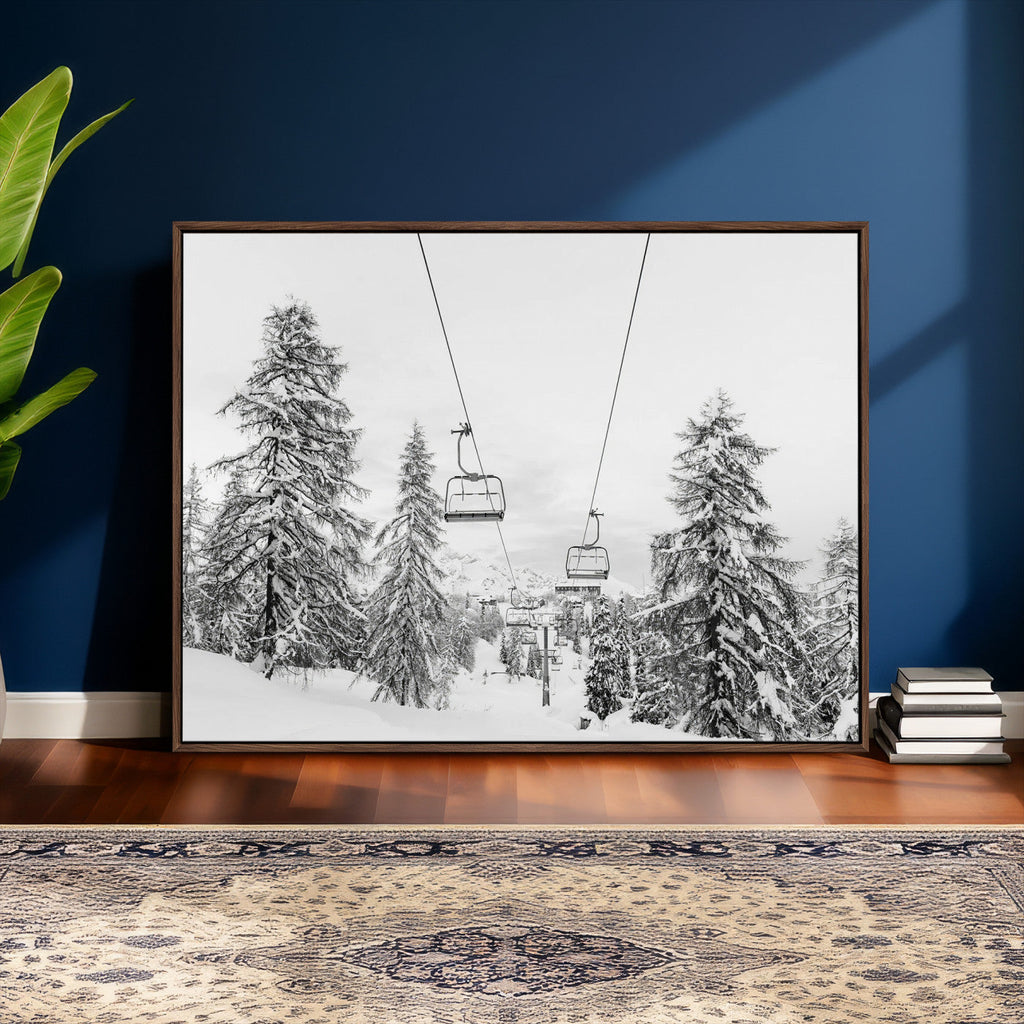 Snowy Ski Lift Wall Art | Framed Winter Forest Canvas