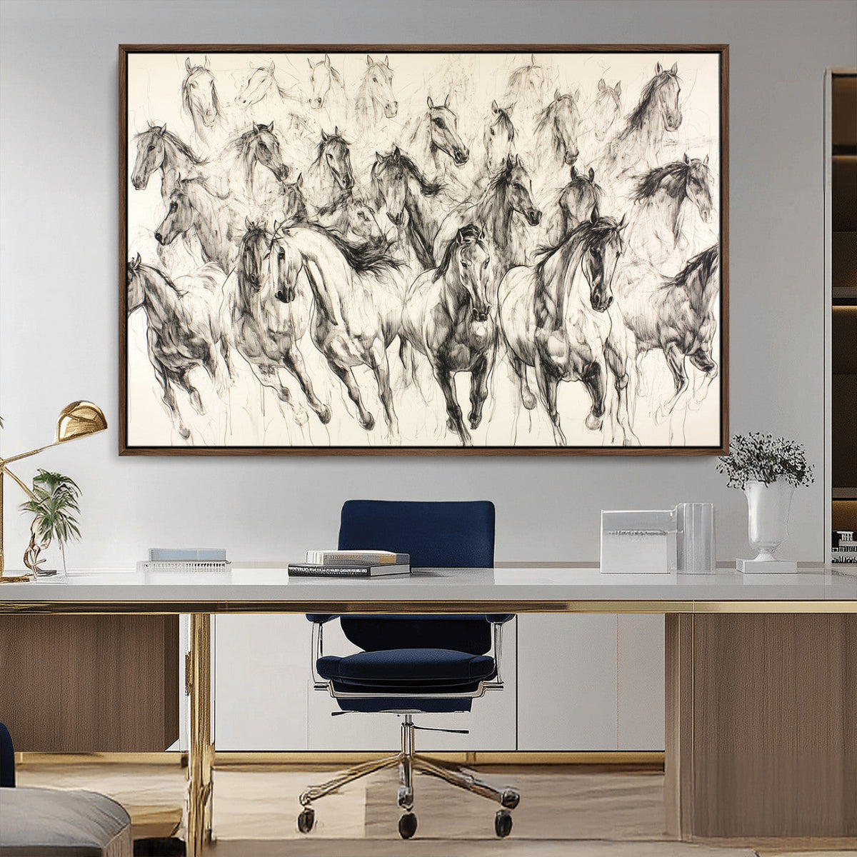 Abstract Horse Wall Art Canvas Print, Framed Horse Sketch with Galloping Herd