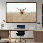 Texas Longhorn Wall Art Canvas Print, Framed Lone Cattle and Longhorn Bull Scene