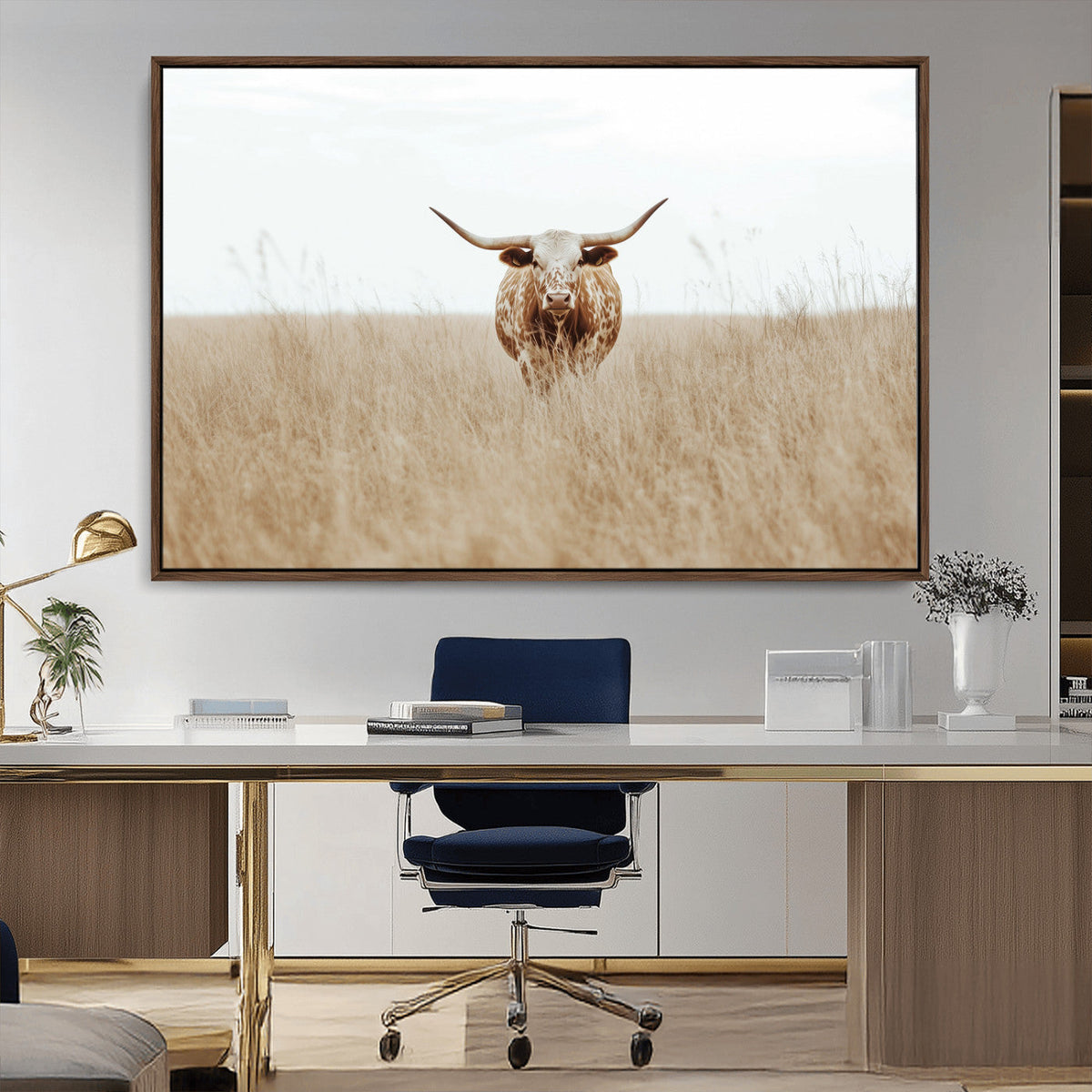 Texas Longhorn Wall Art Canvas Print, Framed Lone Cattle and Longhorn Bull Scene