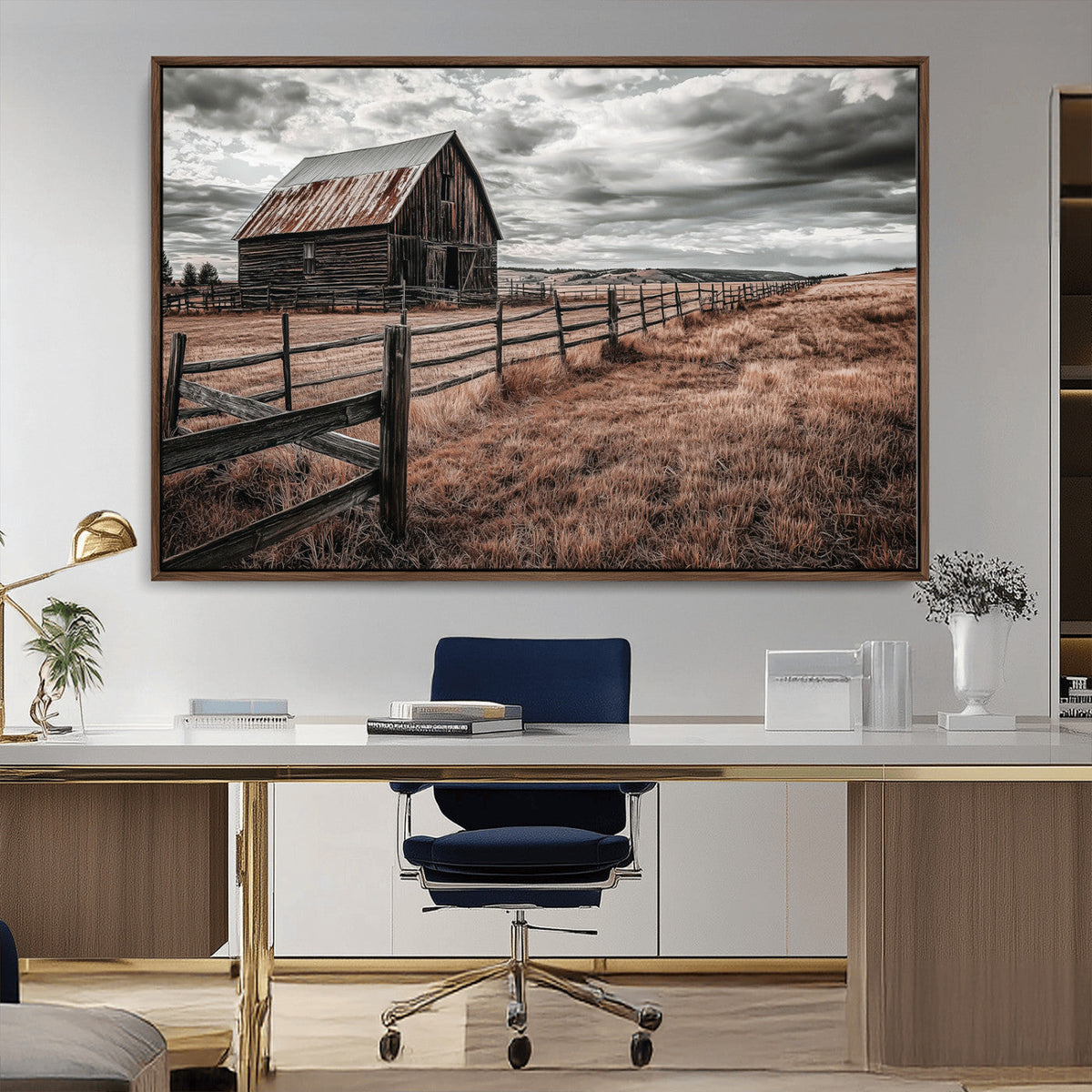 Rustic Barn Wall Art Canvas Print, Framed Moody Field Scene
