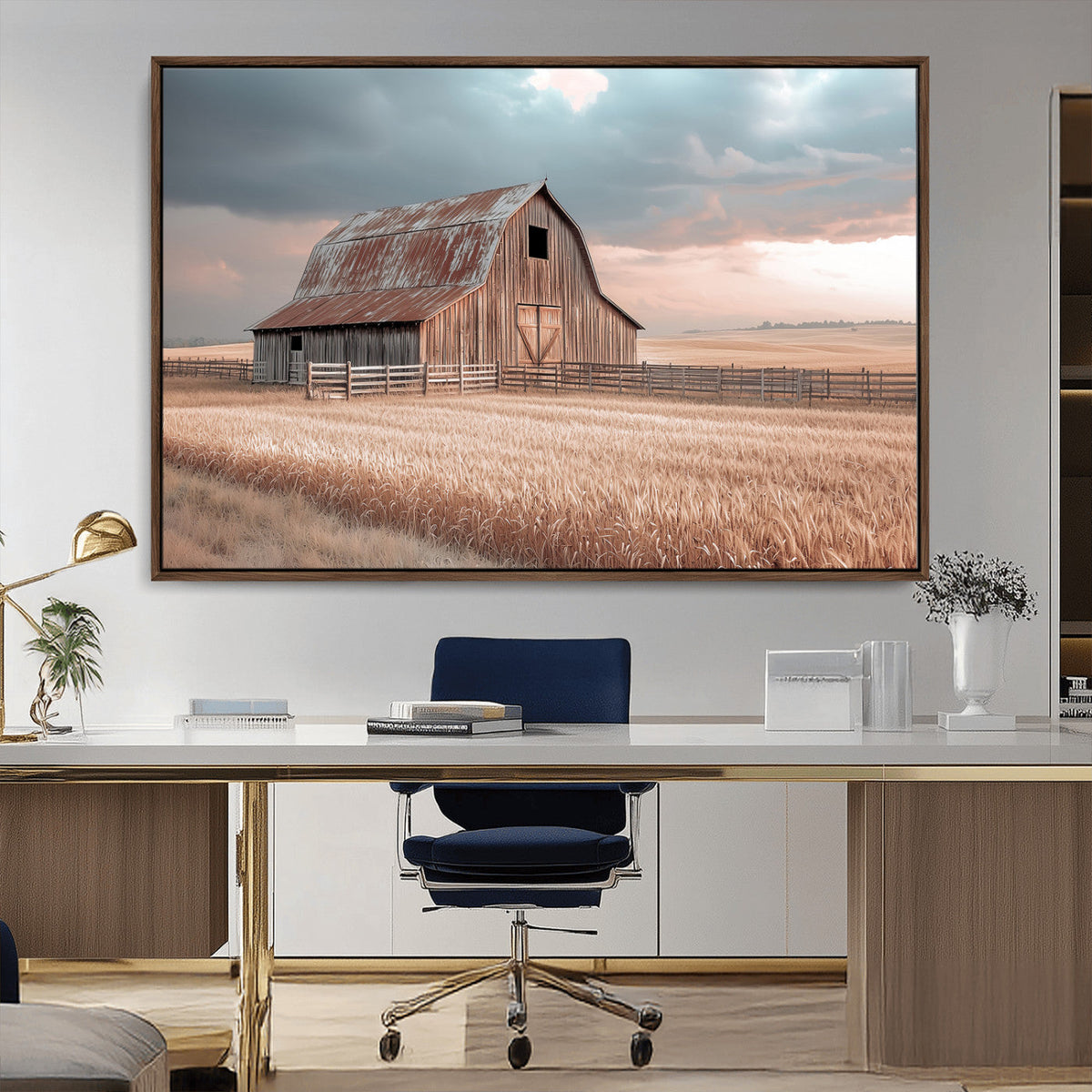 Rustic Barn Wall Art Canvas Print, Framed Wheat Field Scene