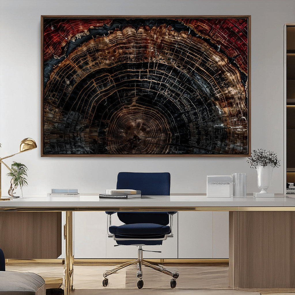 Dark Wood Ring Wall Art Canvas Print, Framed Abstract Tree Slice Print, Rustic Wood Grain Decor