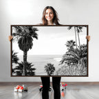 Palm Trees Wall Art Canvas Print, Framed Coastal Ocean Horizon Monochrome Art