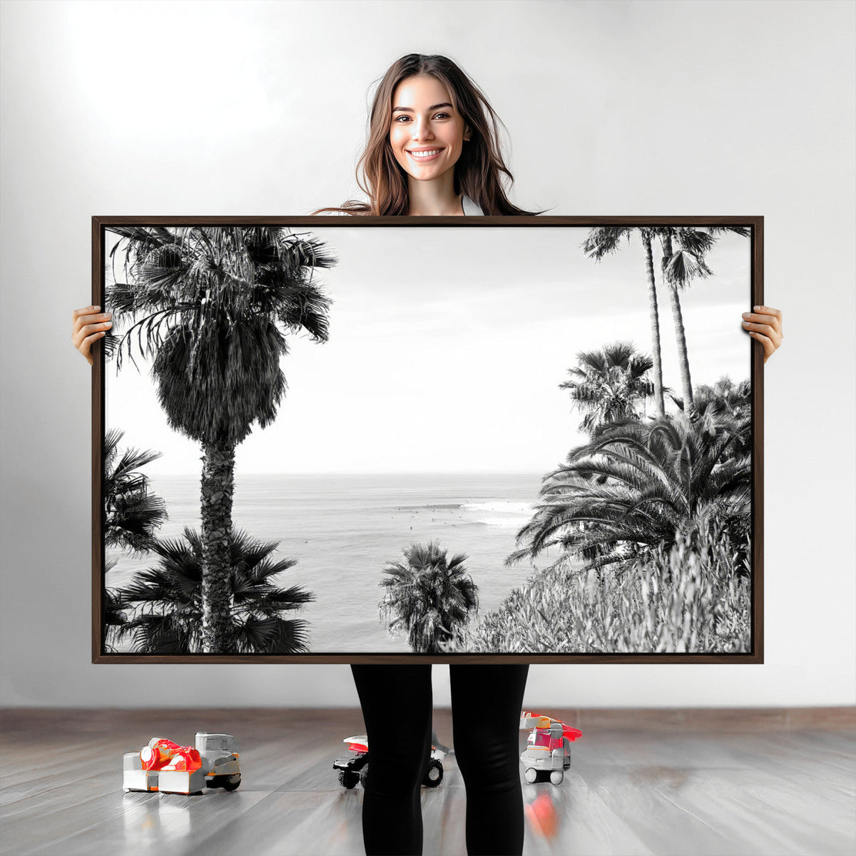 Palm Trees Wall Art Canvas Print, Framed Coastal Ocean Horizon Monochrome Art