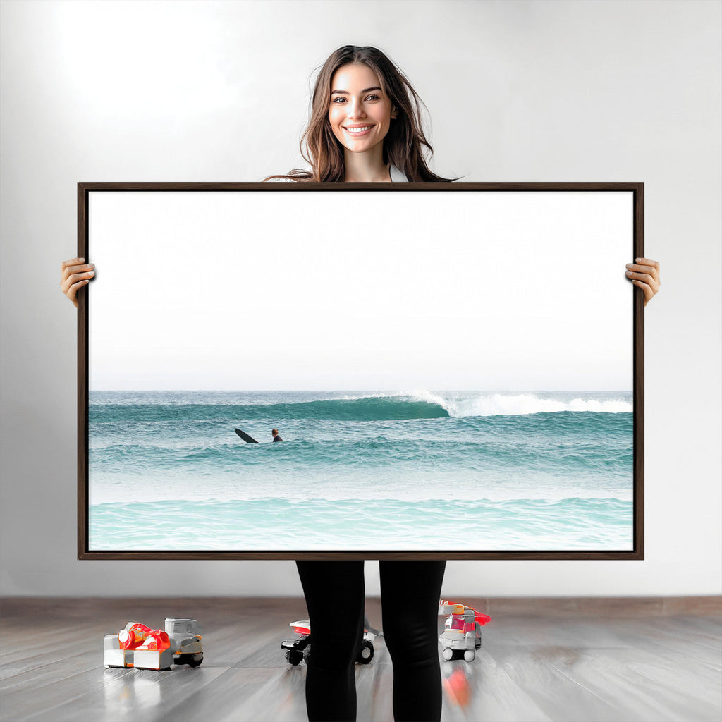 Surfing Wall Art Canvas Print, Framed Minimalist Ocean Waves Beach Art