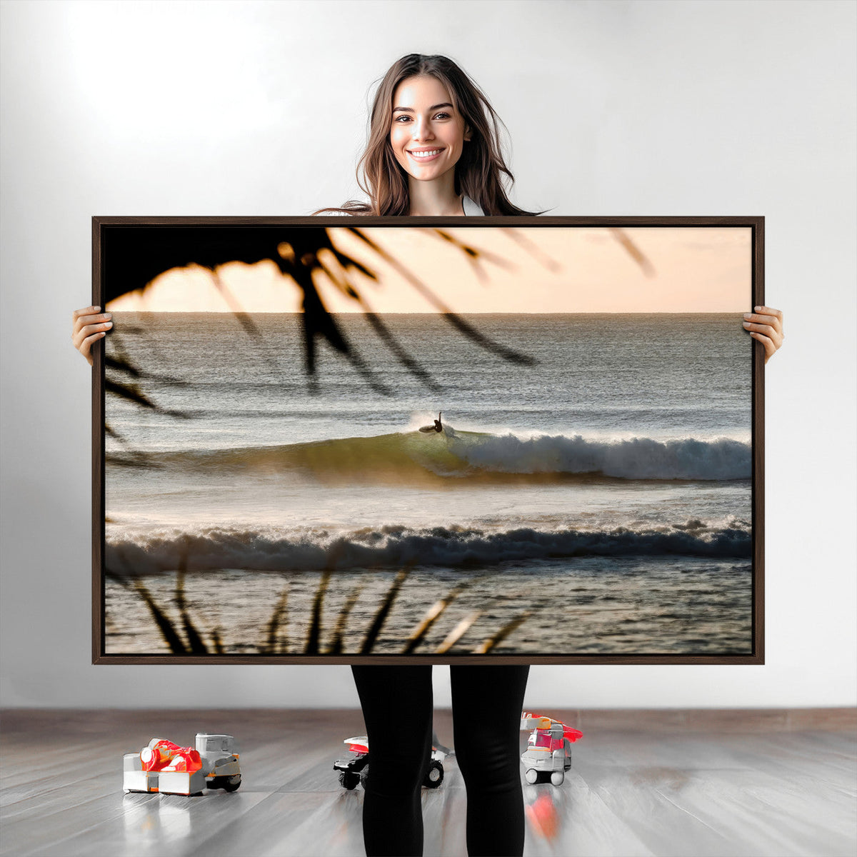 Sunset Surf Wall Art Canvas Print, Framed Golden Hour Waves Boho Beach Art