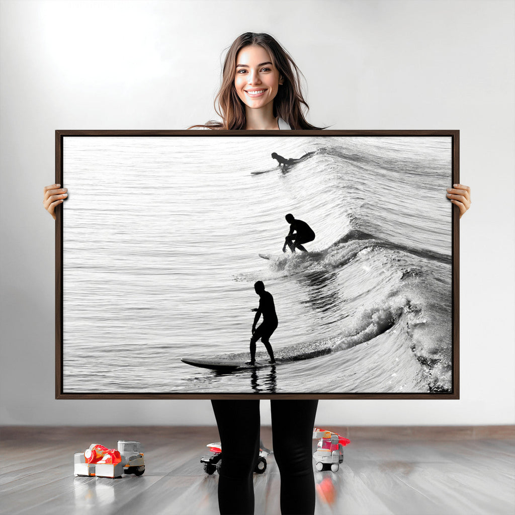 Surfers on Waves Wall Art Canvas Print | Framed Black and White Surf